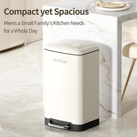 MRBIN Bathroom Trash Can with Lid, Metal Step Kitchen Waste Basket Touchless Soft Close, 20L / 5.2gal Rectangle Garbage Bucket with Stainless Steel Pedal for Office, Bedroom Accessories, White