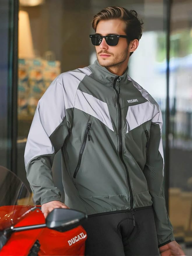 WOSAWE Men Reflective Jacket Night Glowing Bomber Jacket MTB Cycling Windbreaker Travel Sport Coat