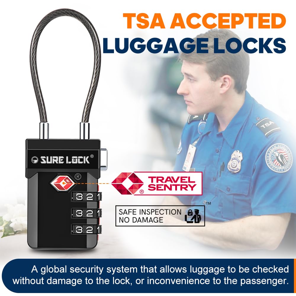 SURE LOCK TSA Approved 3-Digit Combination Luggage Locks – Open Alert Indicator, Re-settable Code with Zinc Alloy Body, Easy-Read Dials for Suitcase, Backpack, Gym Locker & Toolbox(Black 1 Pack)