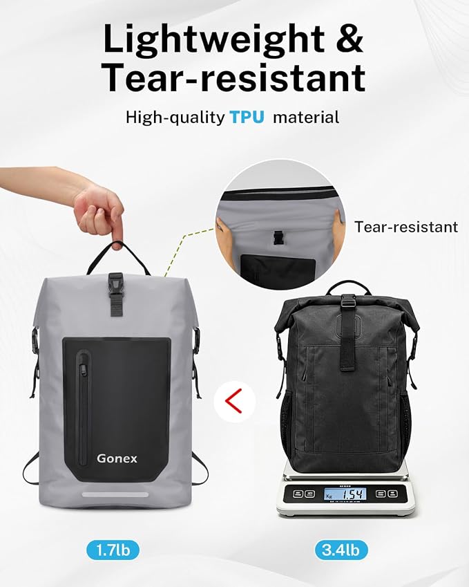 Gonex Ultralight Waterproof TPU Backpack, 35L Roll Top Dry Bag with Comfortable Padded Back Panel for Kayaking Boating Camping Fishing Travel,Grey