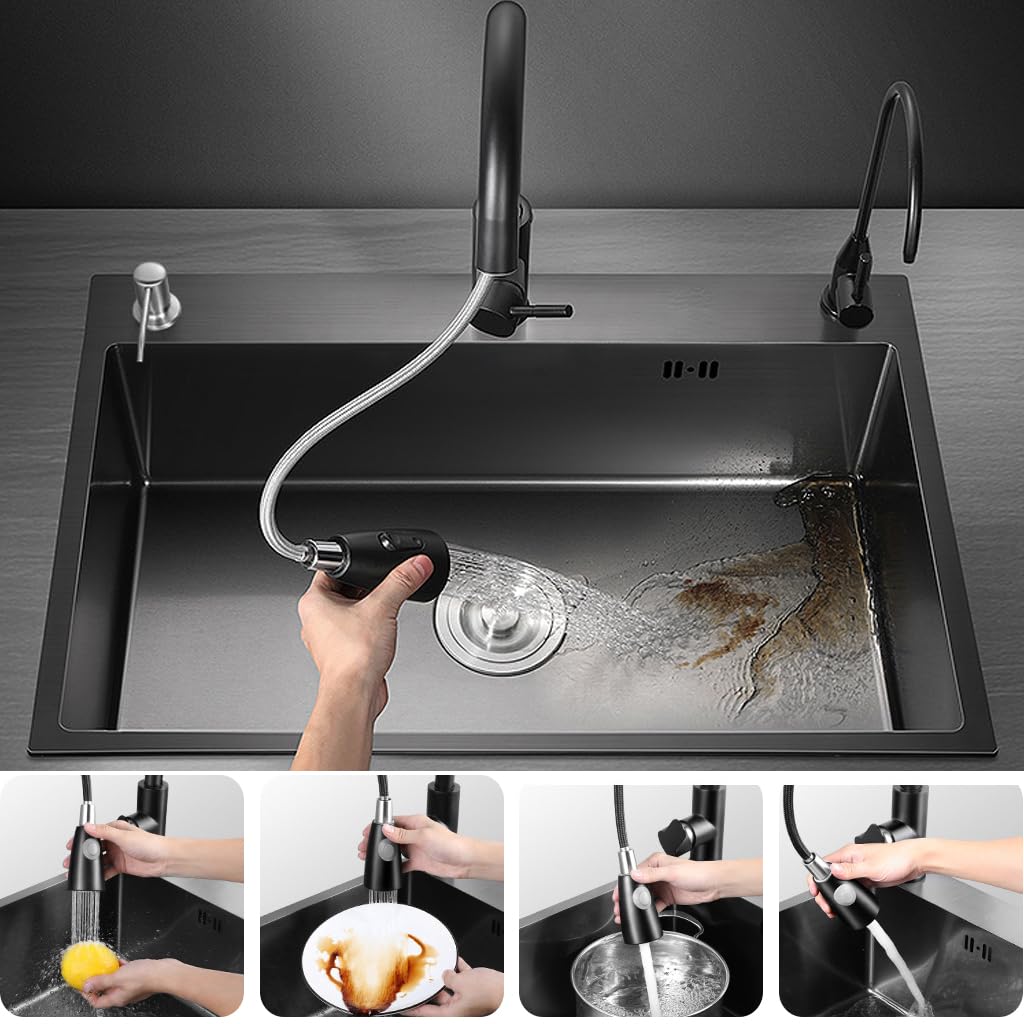 ARTLINE Black Kitchen Sink, Stainless Steel Single Bowl Sink, Drop In/Topmount Workstation Sink with Sliding Accessories, Farmhouse Workstation sink with Multiple Accessories (19.7 x 17.7in), RXZE031