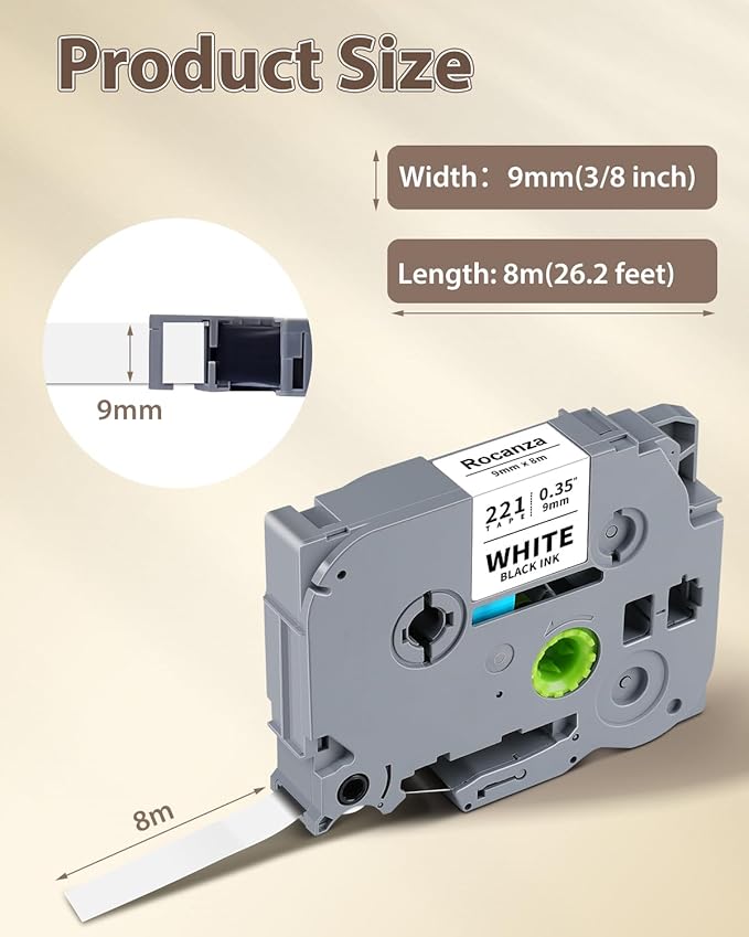 TZe-221 TZ Tape 9mm 0.35 Laminated White Compatible with Brother Label Maker Tape TZe-221 PTouch 3/8" Work with Brother PTouch D220 PTD210 PTH110 PTH111 PTP710BT PTD400 Cube, 6-Pack