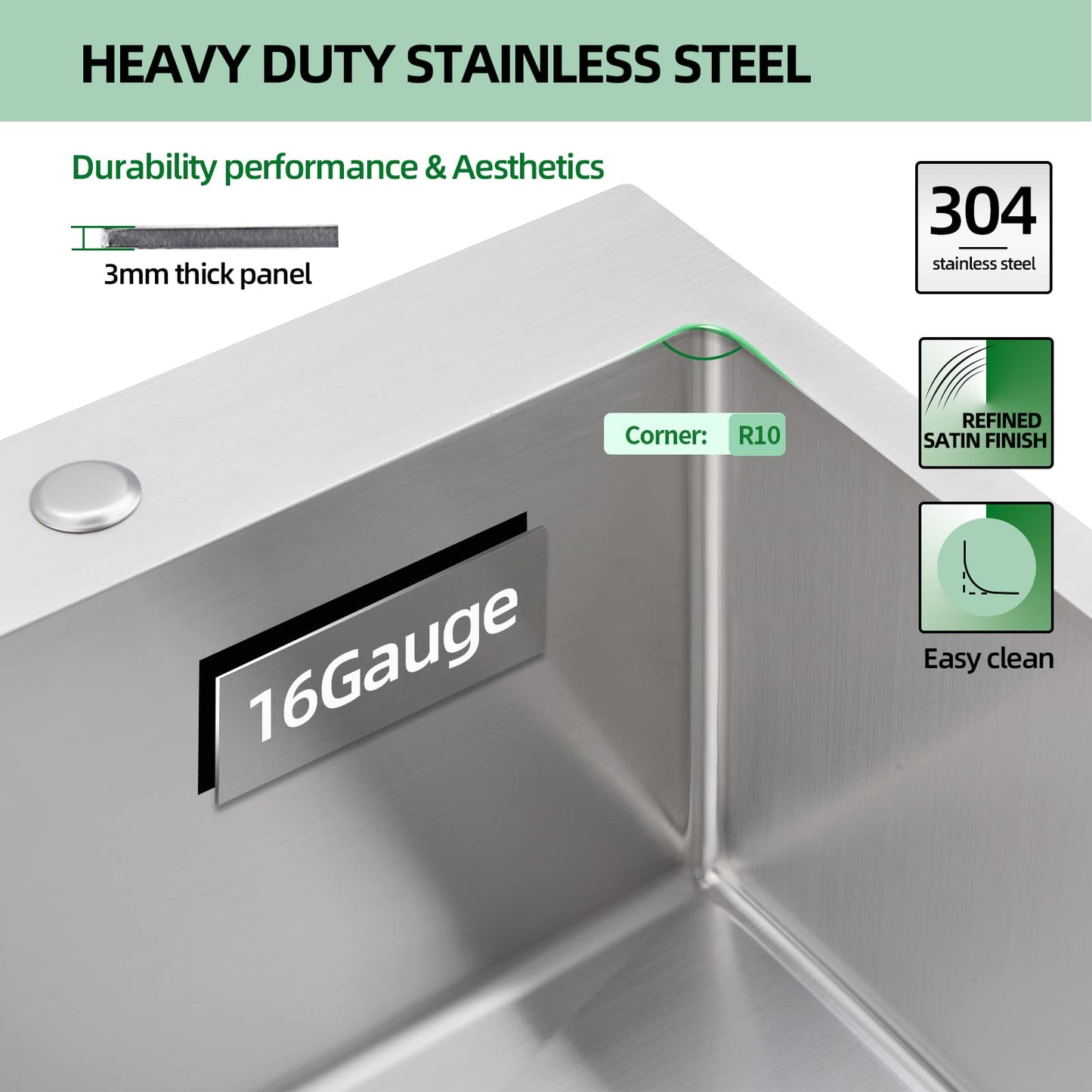 EcoChannels Drop In Kitchen Sink, 15 x 20 x 10 Inch 16 Gauge Single Bowl Topmount Wet Bar Sink T-304 Stainless Steel RV Kitchen Sinks