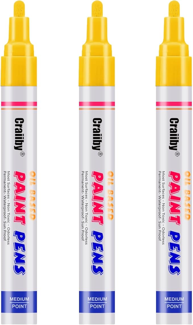Yellow Paint Markers, 3 Pack Oil-Based Waterproof Quick Dry Permanent Paint Pen Set for Rocks Painting, Wood, Fabric, Plastic, Canvas, Glass, Mugs, Metal, Tire, Stone, DIY Craft