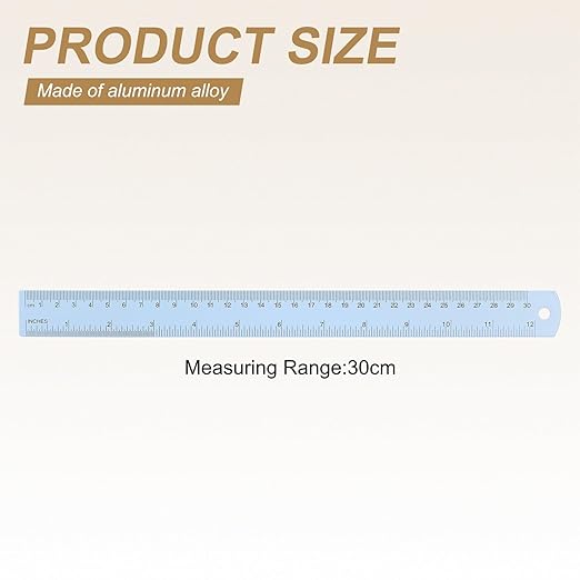 HARFINGTON 4pcs Metal Straight Ruler 30cm Metric SAE Aluminum Alloy Measuring Rulers Scale Tool with Hole for Measure Study Reading Classroom Office, Light Blue