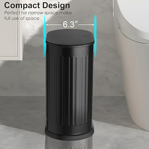 Anzoymx Bathroom Trash Cans Black Stainless Steel Small Garbage Can with Pop up Lid, 1.8 Gallons Dog Proof Narrow Wastebasket, Slim Litter Trash Bins for Bedroom, Toilet, Office