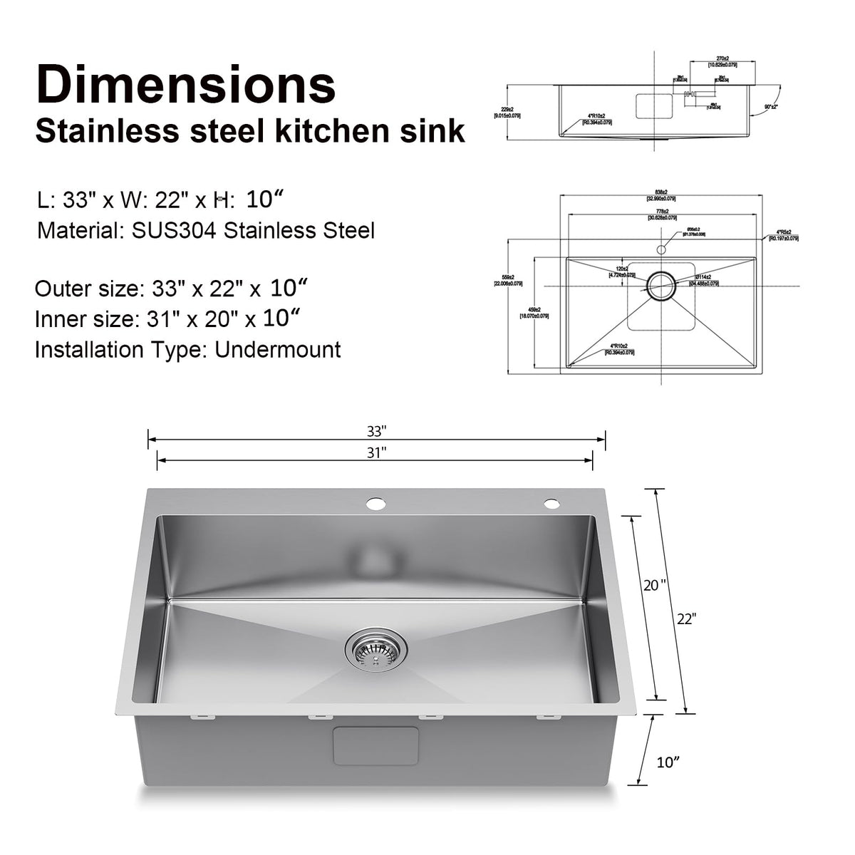 Frogink 33 inch Topmount Handmade 18 Gauge Single Bowl Stainless Steel Kitchen Sink with Accessories in 33"Lx22"Wx10"D