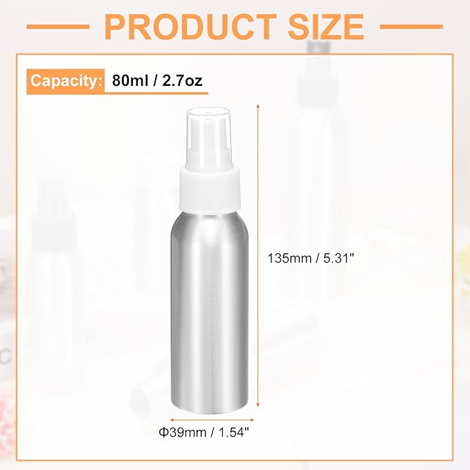 HARFINGTON Aluminum Fine Mist Spray Bottles 80ml/2.7oz Metal Small Liquid Alcohol Refillable Travel Container with White Plastic Nozzle Cap for Perfume Skincare Cosmetic Storage Bottle