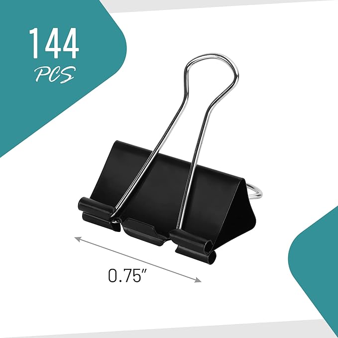 Binder Clips - 144 Small Binder Clips, 0.75 Inch Black Paper Clamps, File Clip for Home, Office and School Supplies