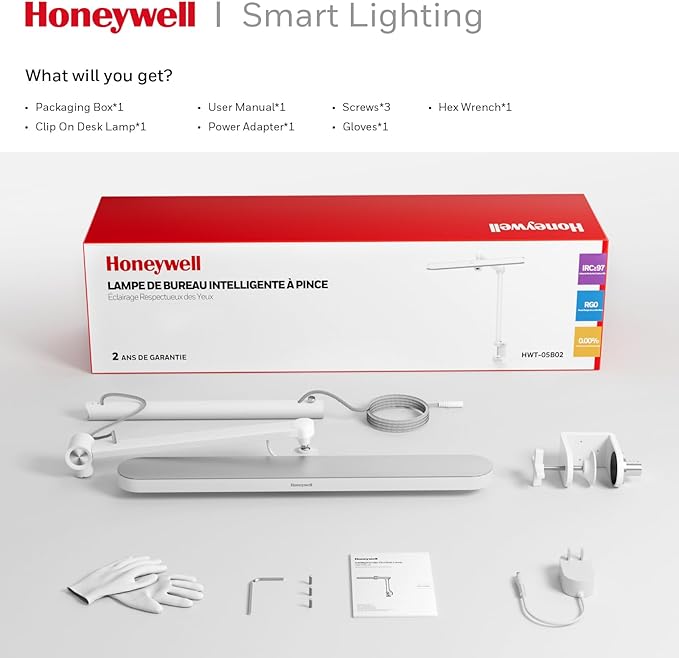 Honeywell LED Desk Lamp with Clamp - 05B02 Sunturalux Clip On Desk Light Eye Caring Natural Light 4000K 1300LM Stepless Brightness Dimmable Table Lamp Full Metal Desk Lamps for Home Office Work Study