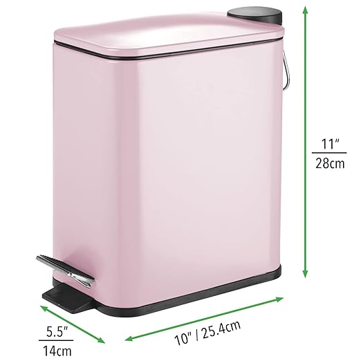 mDesign Slim Metal Rectangle 1.3 Gallon Trash Can with Step Pedal, Easy-Close Lid, Removable Liner - Narrow Wastebasket Garbage Container Bin for Bathroom, Bedroom, Kitchen, Office - Matte Blush Pink