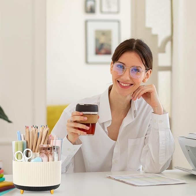 SKYDUE 360 Rotating Organizer, Dual-Purpose Pencil Pen Holder, 5-Slot Rotating Pencil Cup for Office, School, Home (Beige-Black)