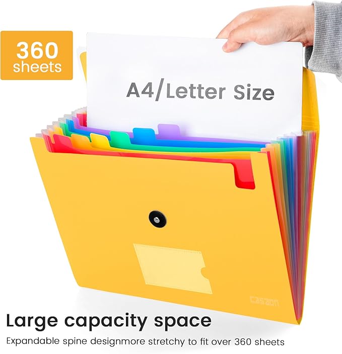 13 Pocket Expanding File Folder Accordian File Organizer, A4 Letter Size Paper Document Receipt Holder for School Office Supplies, Yellow