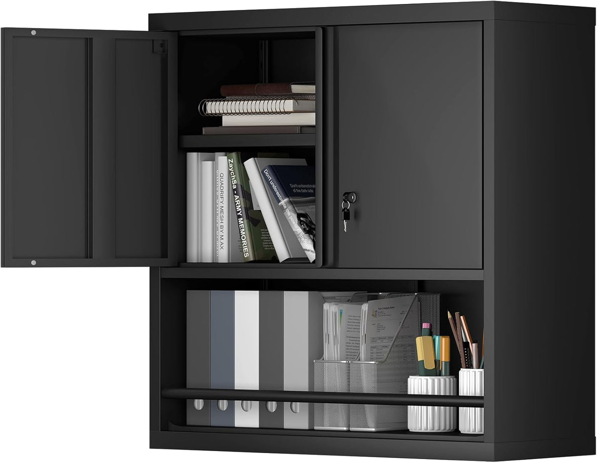 Locking Cabinet, Black Wall Storage Cabinet with Shelves, Hanging Cabinets with Open Storage, Small Wall Cabinet, Lockable Tool Cabinet for Basement, School, Office