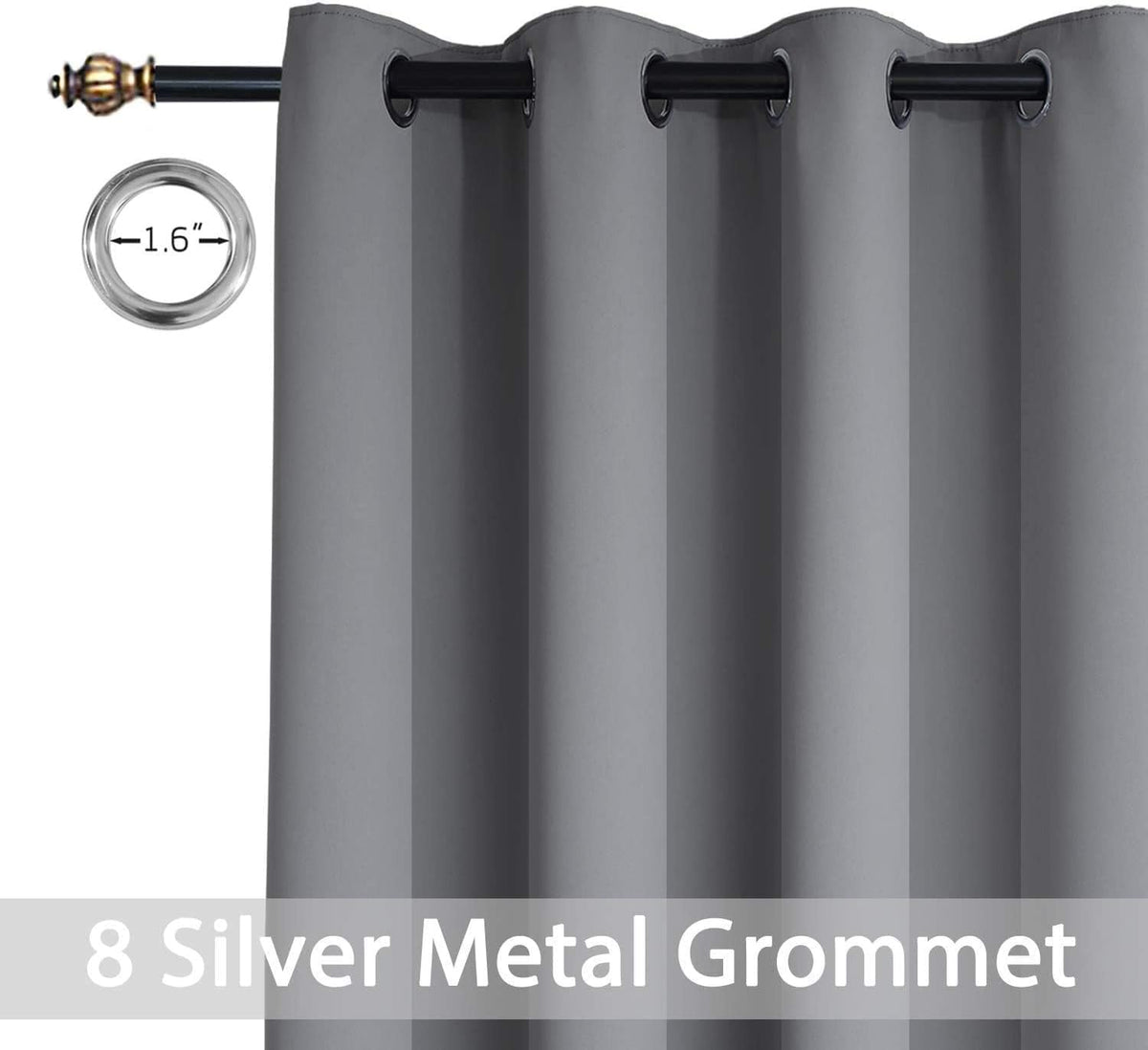 Yakamok Room Darkening Gray Blackout Curtains, Light Blocking Thermal Insulated Grommet Drapes for Bedroom Living Room, 52W x 84L, Grey Curtains, 2 Panels, 2 Tie Backs Included