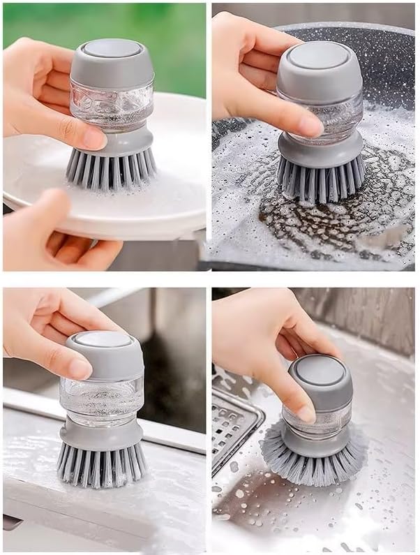 Soap Dispenser Palm Dish Brush with Storage Bracket – Drainage Base, Easy-to-Clean Kitchen Utensil Cleaner | Includes Extra Soft Bristle Brush Head (Gray)
