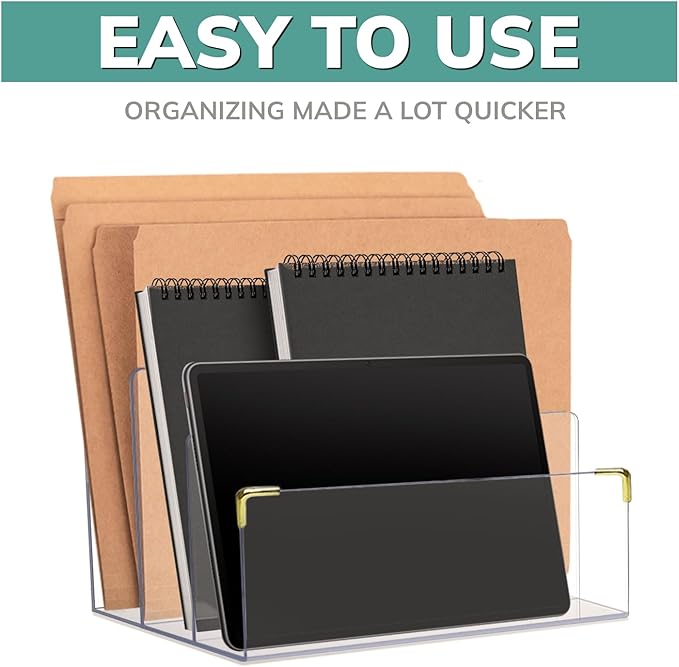 pbf Acrylic File Holder | Clear File Organizer for Desk w/Gold Accents | Acrylic Desk Organizer, Folder Holder, Mail Sorter, File Stand, Magazine Divider, Laptop, Notebook, & Letter Organizer