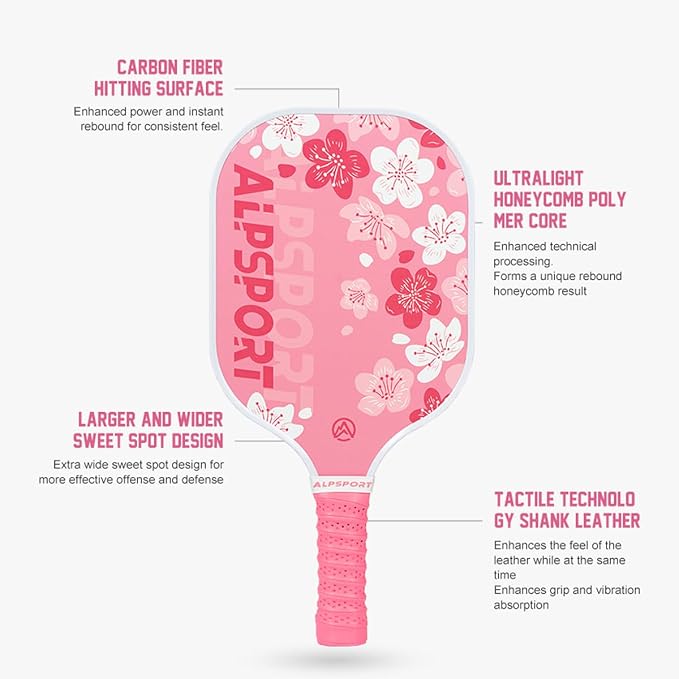 Sakura Pink Pickleball Paddles Set of 1/2, USAPA Approved Fiberglass Graphite Cherry Racquet with Tied Grips, 2 Indoor Outdoor Pickleball Balls, 1 Cover Bag Men Women