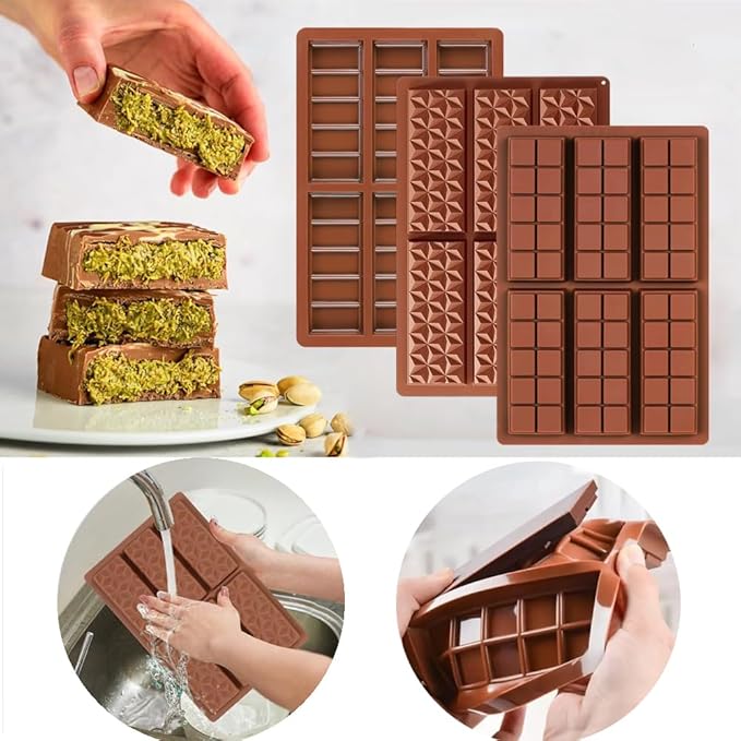 3 Pack Chocolate Mold Silicone, 6 Cavity Silicone Deep Chocolate Bars Molds, Non-stick Dubai Chocolate Mold for Dubai Bar Pistachio, Chocolate Snacks, Milk Bar