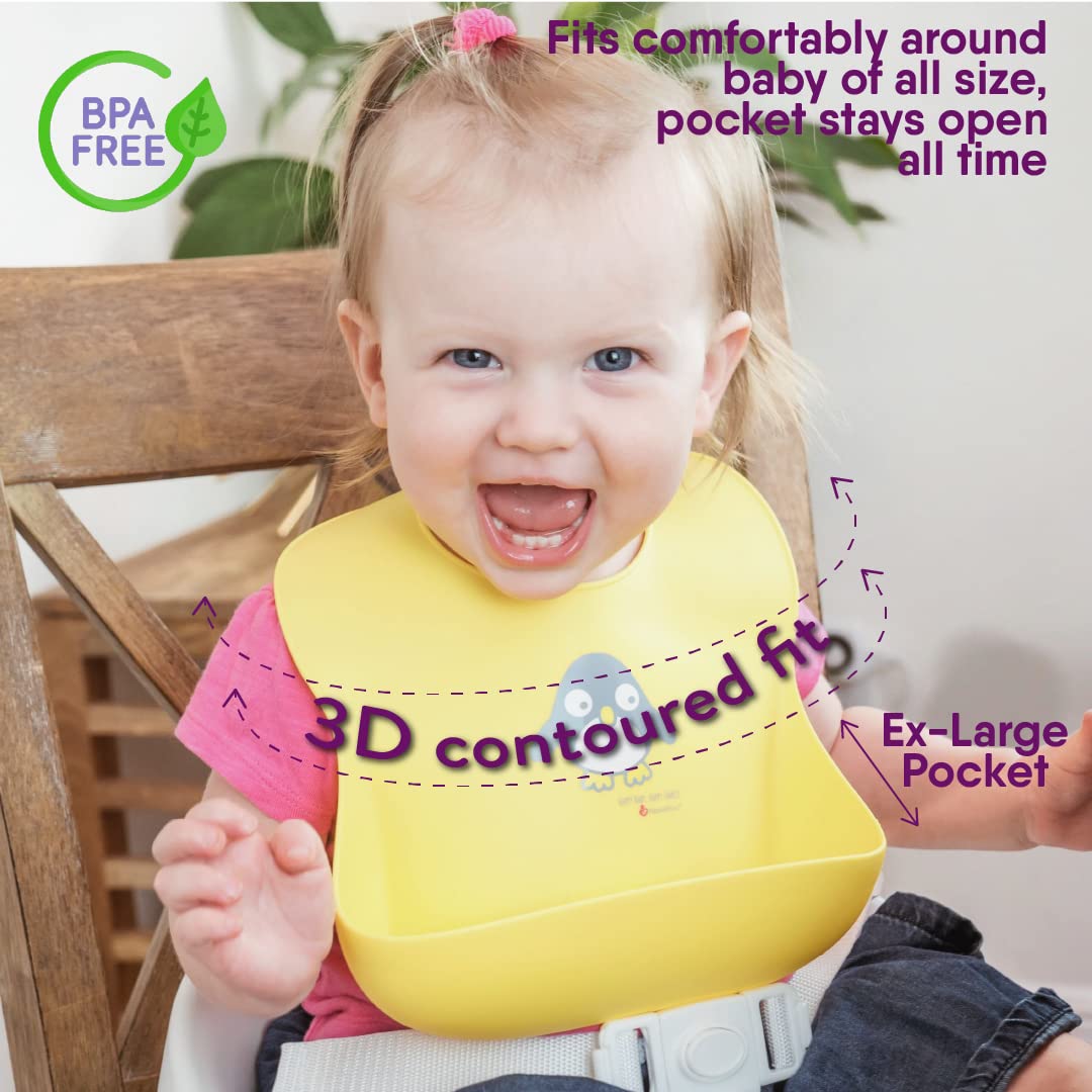 NatureBond Waterproof Baby Bibs, Silicone Weaning Bibs for Babies & Toddlers, Set of 2 w/Carry Pouch | Comfortable Soft 4 buttons Bib