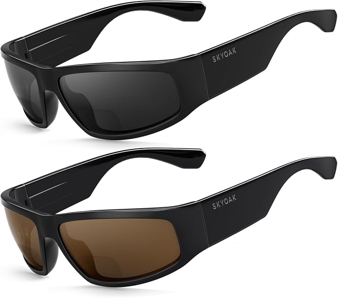 2 PACK Unbreakable Bifocal Reading Sunglasses for Men, Wrap Around Sun Reader Heavy Duty Temple UV400 Outdoor Sports Driving Finshing (Black & Grey +1.5)
