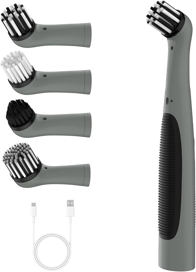 Rechargeable Electric Cleaning Brush with 4 in 1 Multiple Brush Heads and USB Cable, Indoor Household Cordless Motorized Brush for Bathroom Toilet Kitchen Tile Crevice (Grey & Black)