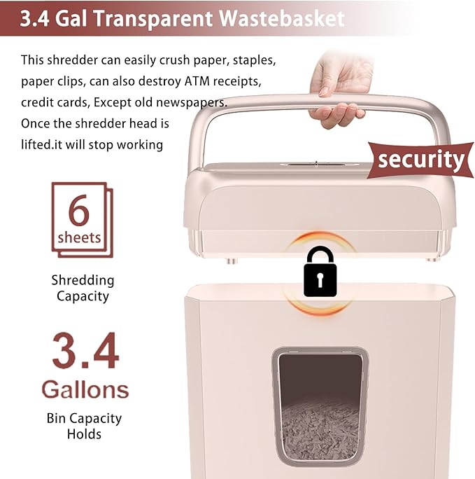 Bonsaii Compact Design for Business Paper Shredder, 6-Sheet Cross-Cut, Credit Card Shredder, Home Office, Handle for Document, Mail, Staple, 3.4 Gal Wastebasket, Pink(C237-B)