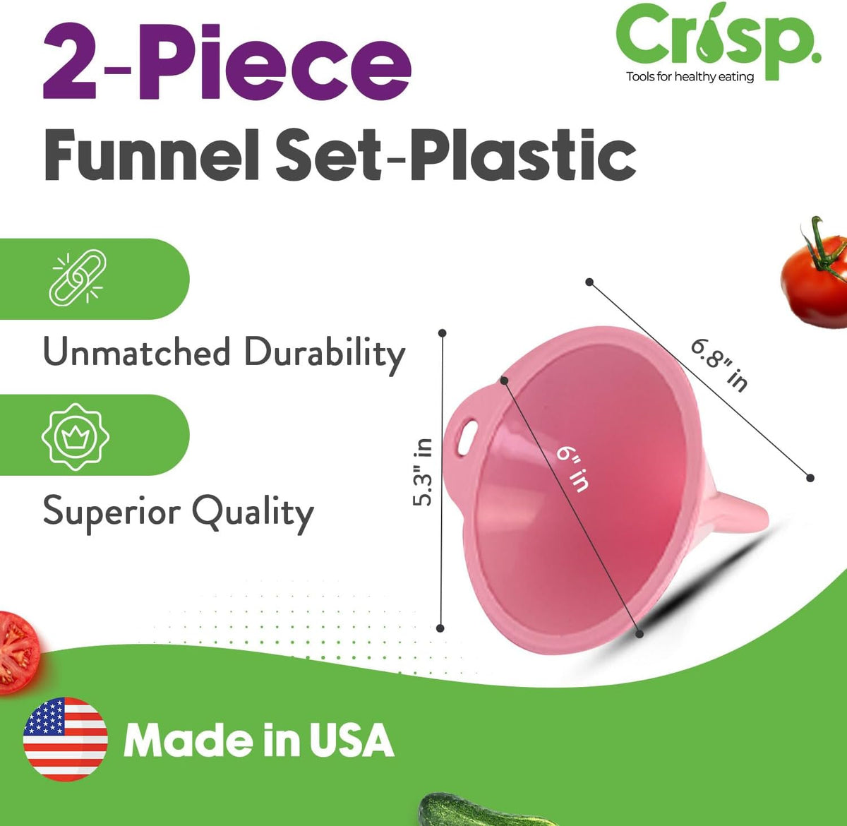 Crisp 2-Piece Funnel Set - All Purpose Funnels for Kitchen Use Filling Bottles - Durable & Dishwasher Safe Kitchen Funnel Set - Made in The USA - Pink