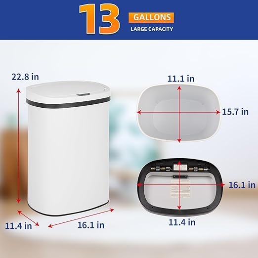 Kitchen Trash Can Office Bathroom Bedroom Waste Bin with Lid Automatic Sensor Touch Free Stainless Steel Garbage Can 13 Gallon / 50L,White