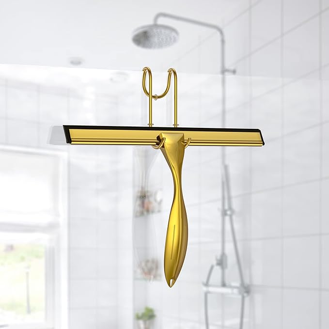 Shower Squeegee for Glass Door 12-Inch Stainless Steel Bathroom Squeegee Window Wiper, with Shower Door Hook, Adhesive Hook, and Spare Silicone Blade for Window Mirror Car All-Purpose Squeegee