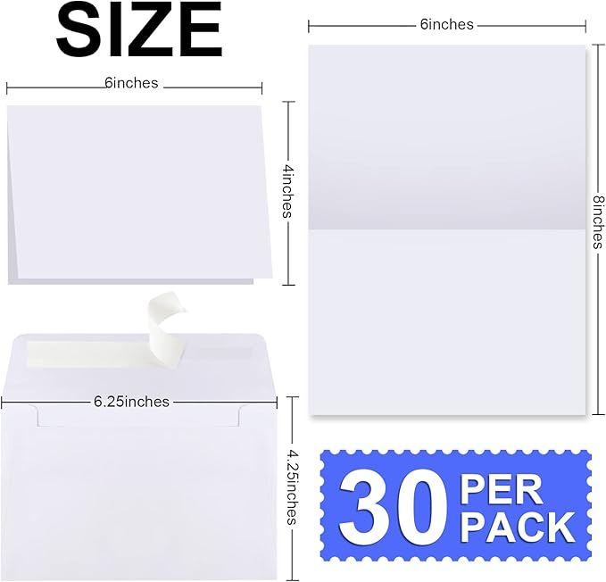 Joyberg Blank Cards and Envelopes 4x6, 30 Pack White Invitation Cardstock with 30 Pack Envelopes, Self-Seal Thank you Blank Greeting Cards and Envelopes, for All Occasions DIY, Print custom