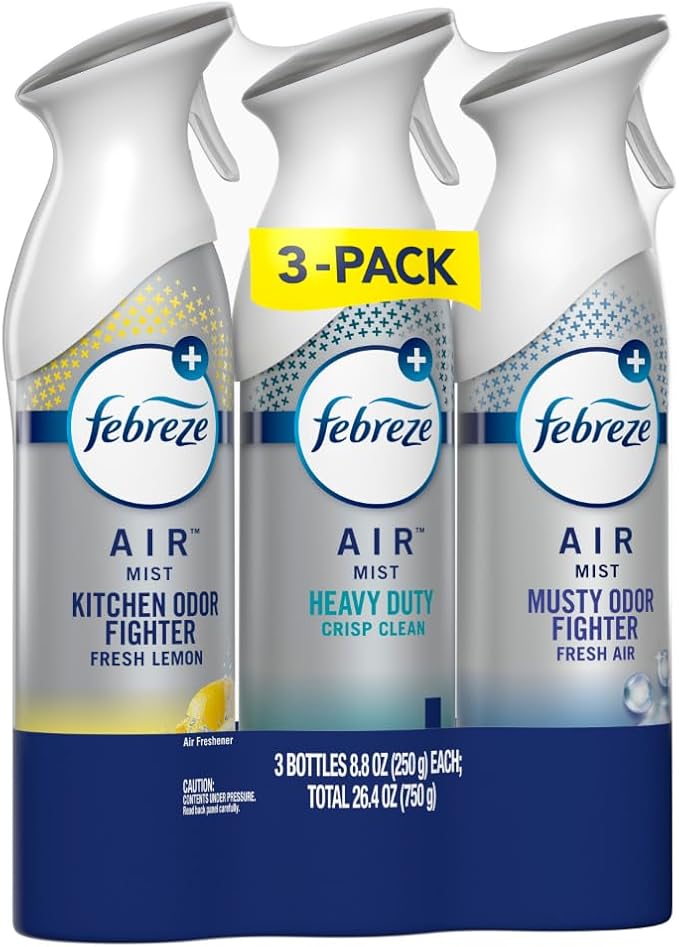 Febreze Air Freshener Spray, Odor-Fighting Room Spray, Heavy Duty Bundle, Heavy Duty Kitchen, Heavy Duty Crisp Clean, Musty Odor Fighter Scent Mix, 8.8oz, 3 Count