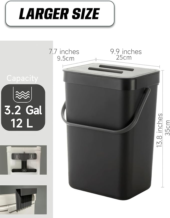Kitchen Compost Bin - 3.2 Gallons Hanging Trash Can with Lid for Kitchen Bathroom, Under Sink Trash Can, Outdoor Compost Bucket with Lid, 12L(Black)