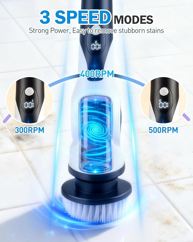 Electric Spin Scrubber with 10 Replaceable Brush Heads, IPX7 Waterproof Shower Scrubber with Long Handle, 3-Speed Adjustable Bathroom Scrubber Electric with Rotating Cleaning Brush
