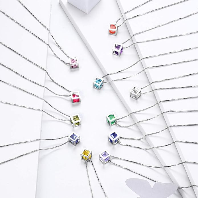 Aurora Tears Birthstone Necklace/Earring 925 Sterling Silver Women Cross/3D Cube/Cresent Moon Birth Stone Jewelry Mens Birthday Gift Anniversary Present