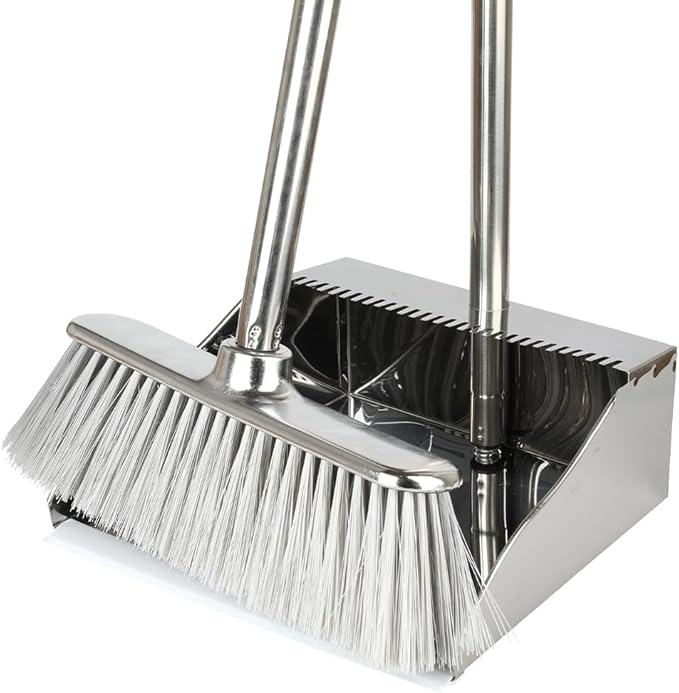 Metal Dustpan with Broom Set, Long Handle Stainless Steel Dustpan,Heavy Duty Standing Dust Pan with Teeth, Indoor Outdoor Up for Home Kitchen Lobby Room Office