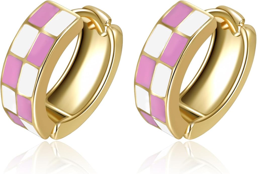 Chic Checker Small Hoop Cartilage Earrings Teacher Earrings for Women；White Black Enamel Hypoallergenic Hooped Gifts Gold and Silver tone