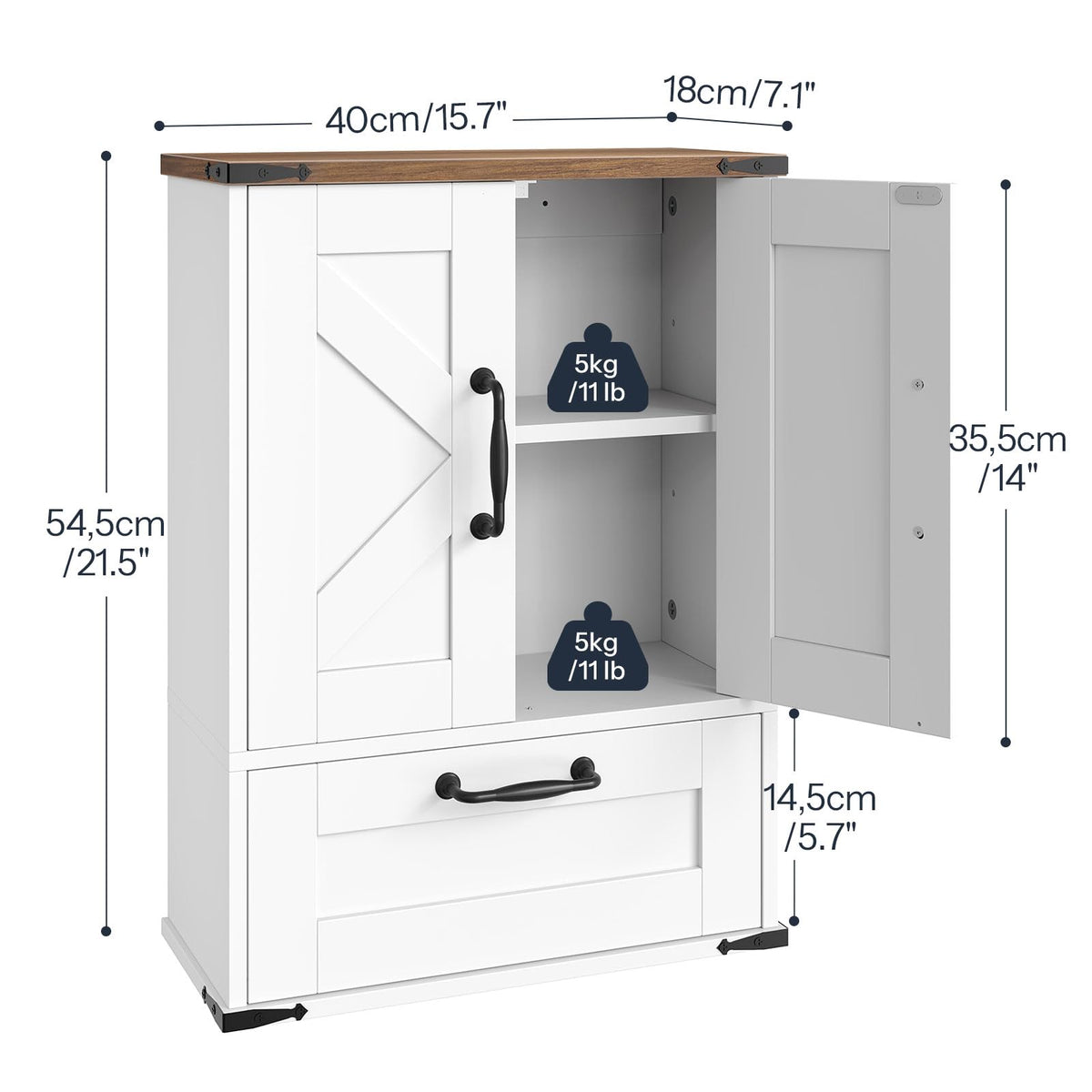 HOOBRO Farmhouse Wall Mounted Cabinet with Adjustable Shelf, Medicine Cabinet with Flip-Down Door, Over The Toilet Bathroom Organizer, for Small Bathroom, Kitchen, White and Walnut