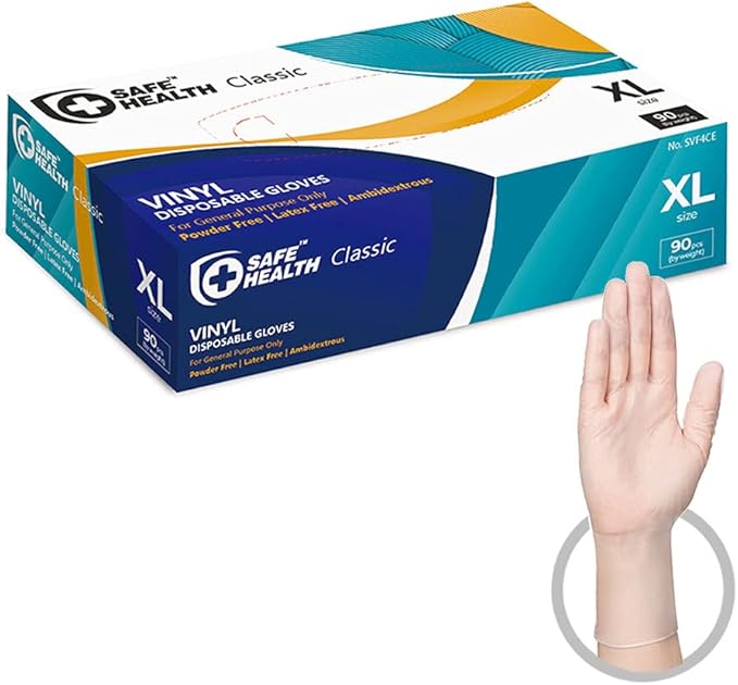 Safe Health Vinyl Disposable Gloves, Food Grade, Latex Free, Powder Free, Clear, 3 Mil, Housework, Cleaning