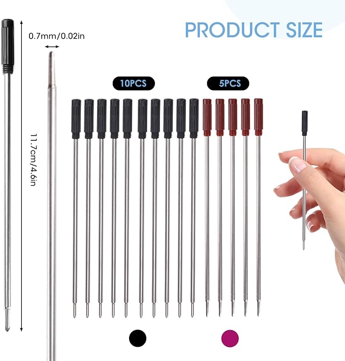 0.7 mm Ballpoint Ink Twist Pen Refills, 15 Pcs Medium Point Metal Smooth Writing Replaceable Ink Refill, Stationery Compatible for Cross Ballpoint Replacement (4.6in M) (Black+Red, 15)
