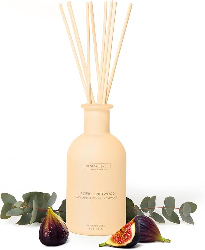 Benevolence LA Reed Diffuser for Home | Eucalyptus, Fig & Sandalwood | Elegant Home & Bathroom Decor | Fragrance Diffuser with Sticks for Bathroom - Malibu Sands Collection