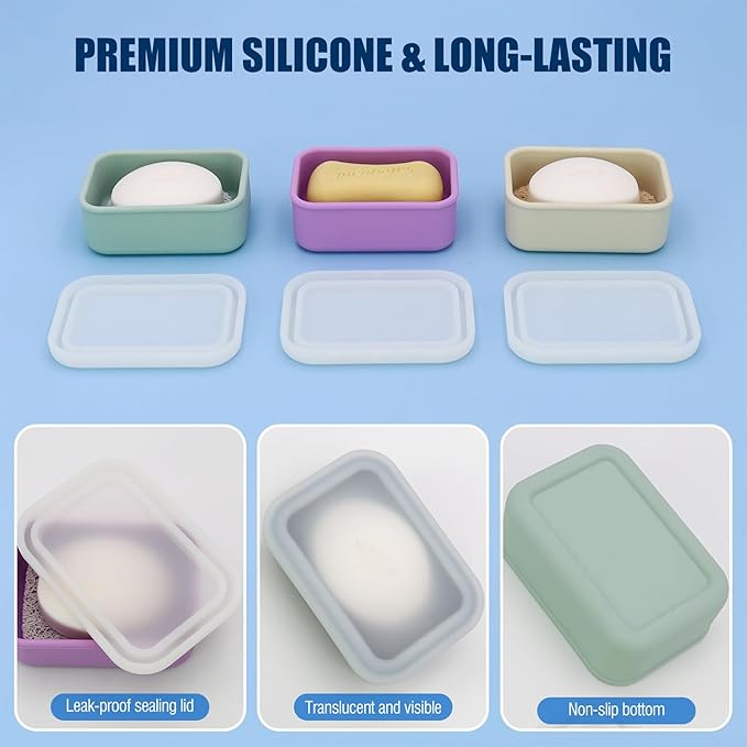 Compact Leakproof Travel Soap Case, Silicone Travel Soap Container, Portable Soap Box with Drainage Layer, Shatterproof Soap Holder for Bathroom, Gym (Blue)