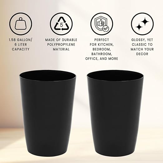 Mini Waste Basket - Pack of 2 Durable Small Plastic Garbage Trash Can Bin - Lidless Open-Top Rectangular Slim Profile for Compact Spaces - Suitable for Home, Bathroom, Office, Bedroom & More, Black