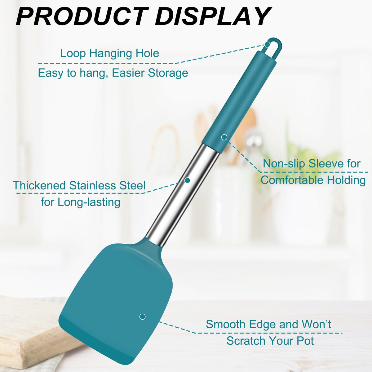 TeamFar Cooking Utensils Set, 4PCS Heatproof Silicone Utensil Kitchen Tools with Stainless Steel Handle, for Non-stick Cookware Flipping Frying Draining, Nontoxic & Non scratch, Easy Clean - Navy Blue