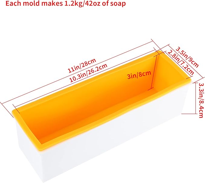 2 Pcs Loaf Soap Mold with Plastic Box, Flexible Silicone Rectangular Mold 42oz, Swirl Making Tool for DIY Soap, Handmade Candles, Resin Casting, Homemade Desserts (Yellow)