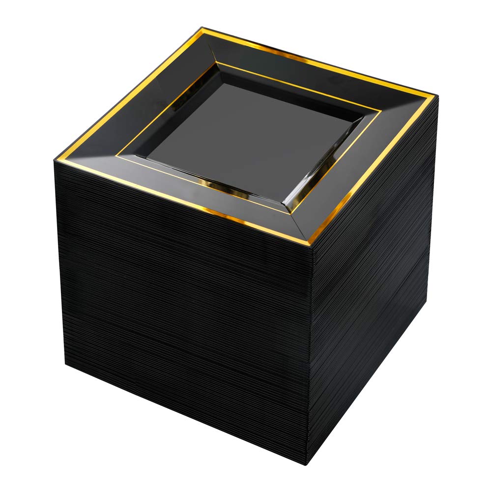 bUCLA 100PCS Black Square Plastic Plates with Gold Rim - 6 inch Disposable Dessert/Appetizer/Small Cake Plates for Party, Graduation & New Year
