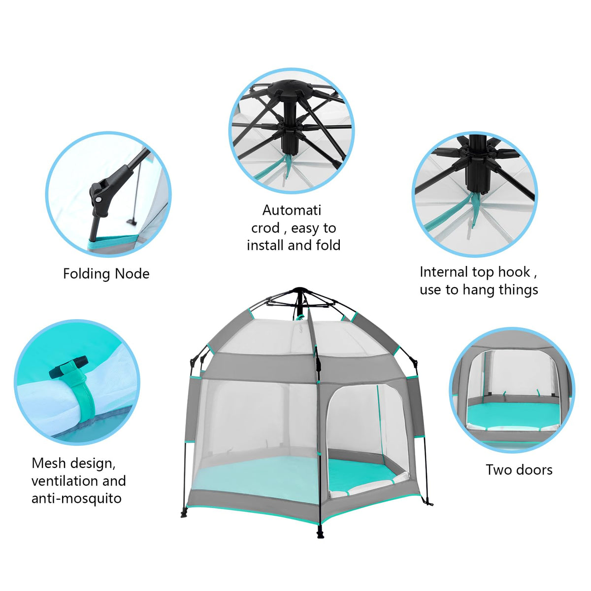 Bend River Baby Playpen with Canopy, Portable Baby Beach Tent, Toddler Play Yard Indoor and Outdoor, Foldable Mosquito Net for Infant - Grey