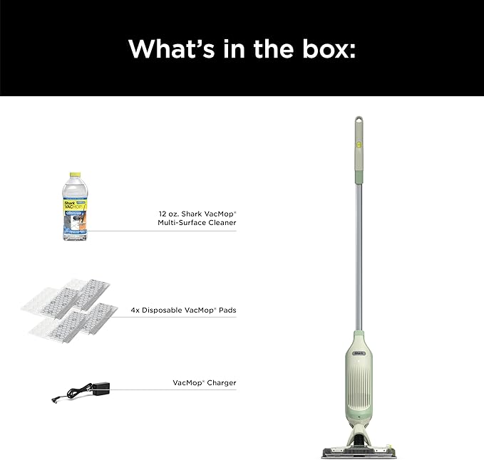 Shark VACMOP Cordless Hard Floor Cleaner, Vacuum and Spray Mop, Powerful Suction, Lightweight, LED Headlights, Includes 4 Disposable Pads, 12oz Multi-surface Cleaning Solution, Lime Green, VM252GN