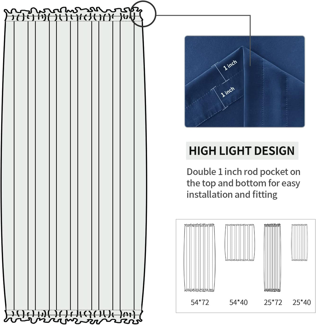DWCN French Door Curtains – Rod Pocket Thermal Blackout Curtain for Doors with Glass Window, Kitchen and Patio Doors for Privacy, 54 X 40 Inches Long, 1 Curtain Panel with Tieback,Classic Blue