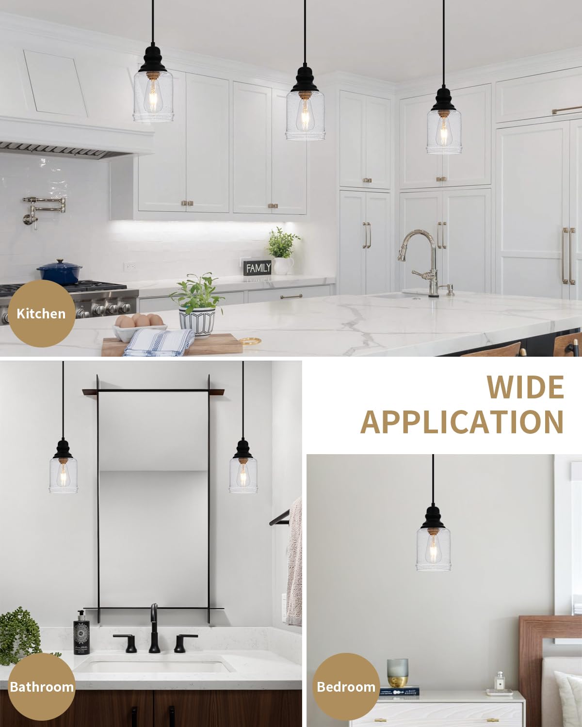 WILON Modern Glass Pendant Lights for Kitchen Island, 6.29" Mini Pandent Light Fixture with Seeded Glass Shade Black Farmhouse Pendant Lights E26 Base Hanging Kitchen Lights for Sink Dinging Room